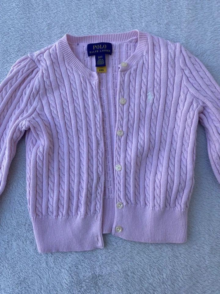 POLO Ralph Lauren Niñas (3T) Rosa Cable Tejido Cárdigan Suéter Niño Pequeño Foto 4 de 4