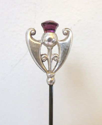 Antique Hatpin Amethyst Glass Thistle in Silver Shield Charles Horner 1911