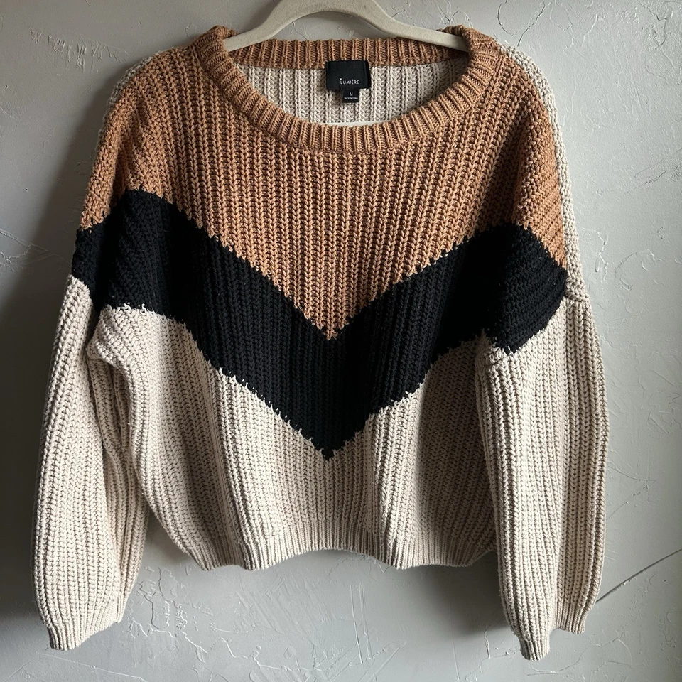 Lumiere коренастый вязаный нейтральный шеврон расслабленный крой свитер размер M длина талии - Изображение 2 из 4