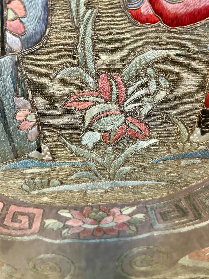 "Deidades Fu Lu antiguas chinas enmarcadas de seda y oro bordado 30""x25""" Foto 4 de 4