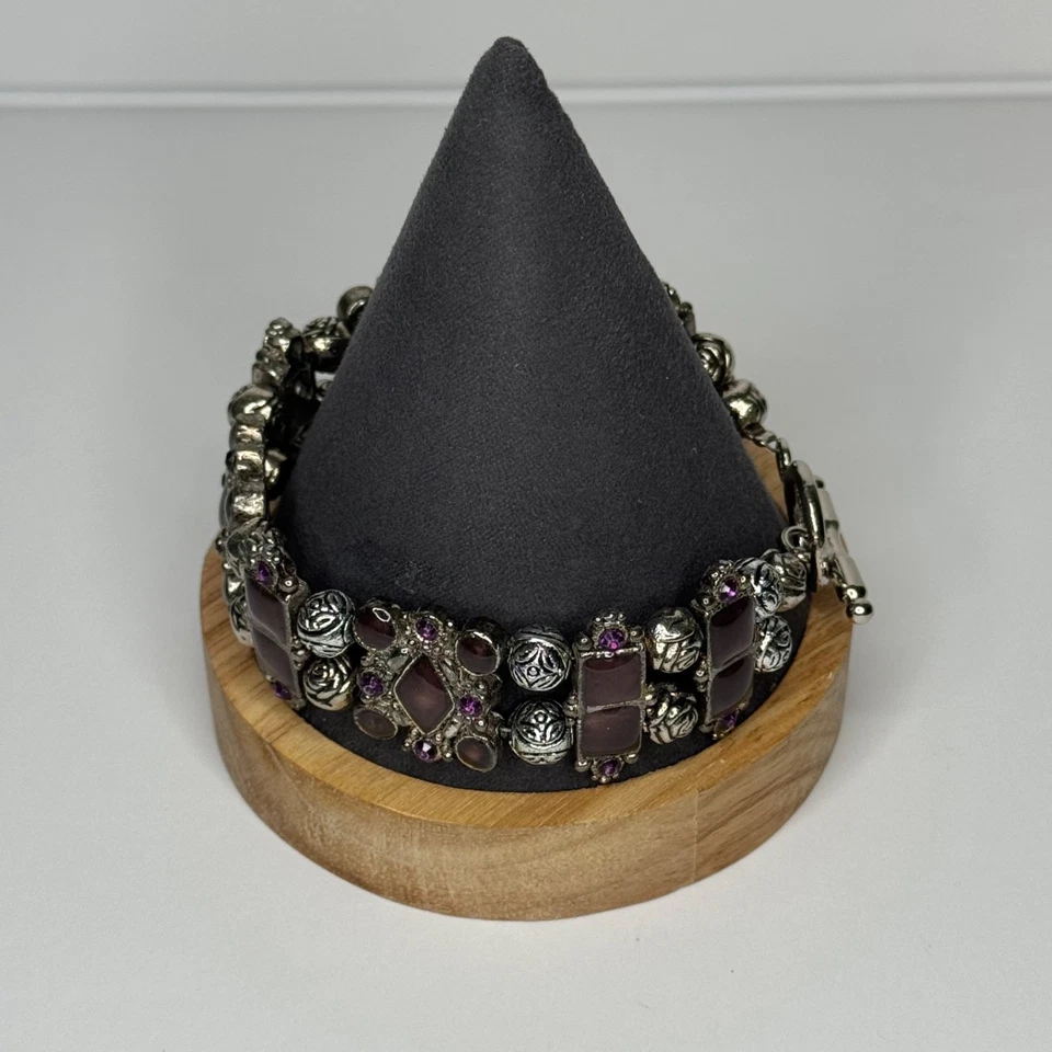 "Pulsera llamativa lavanda estrás esmalte tono plata cierre de palanca 9""" Foto 2 de 4