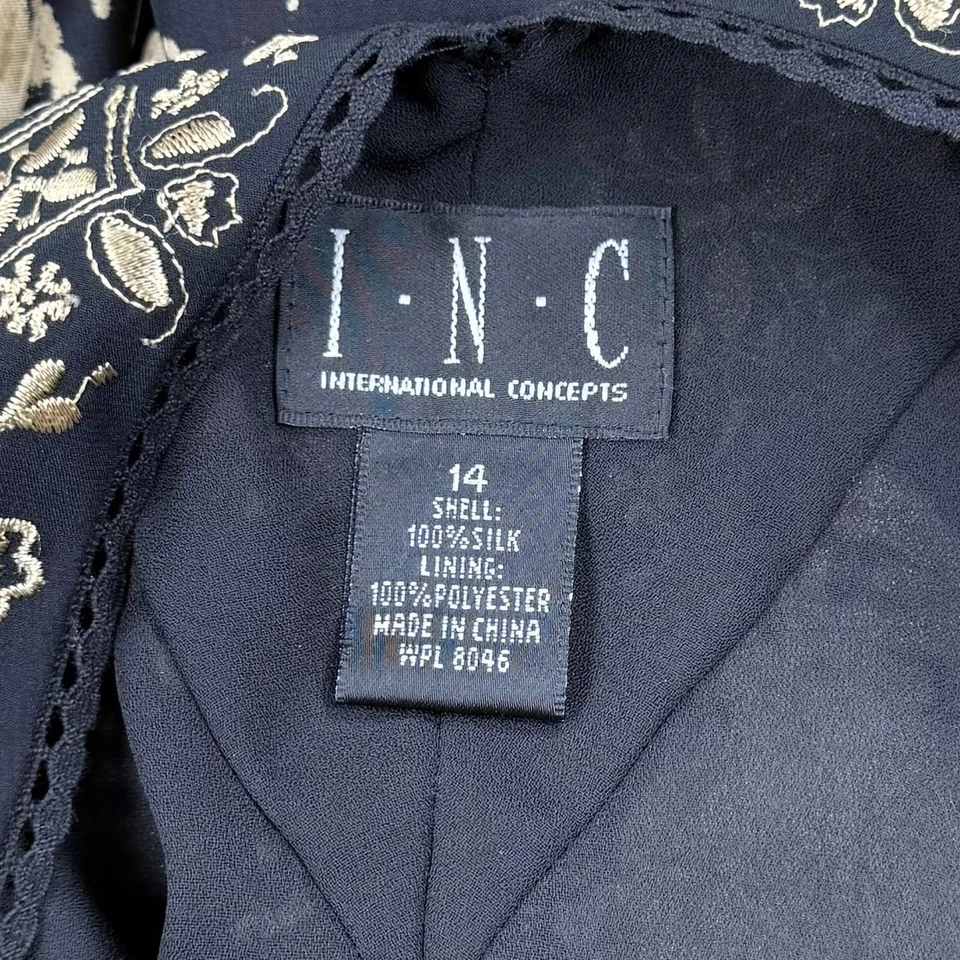 INC Women's Vintage Embroidered 100% Silk Handkerchief Hem Dress Size 10 Black - Image 4 of 4