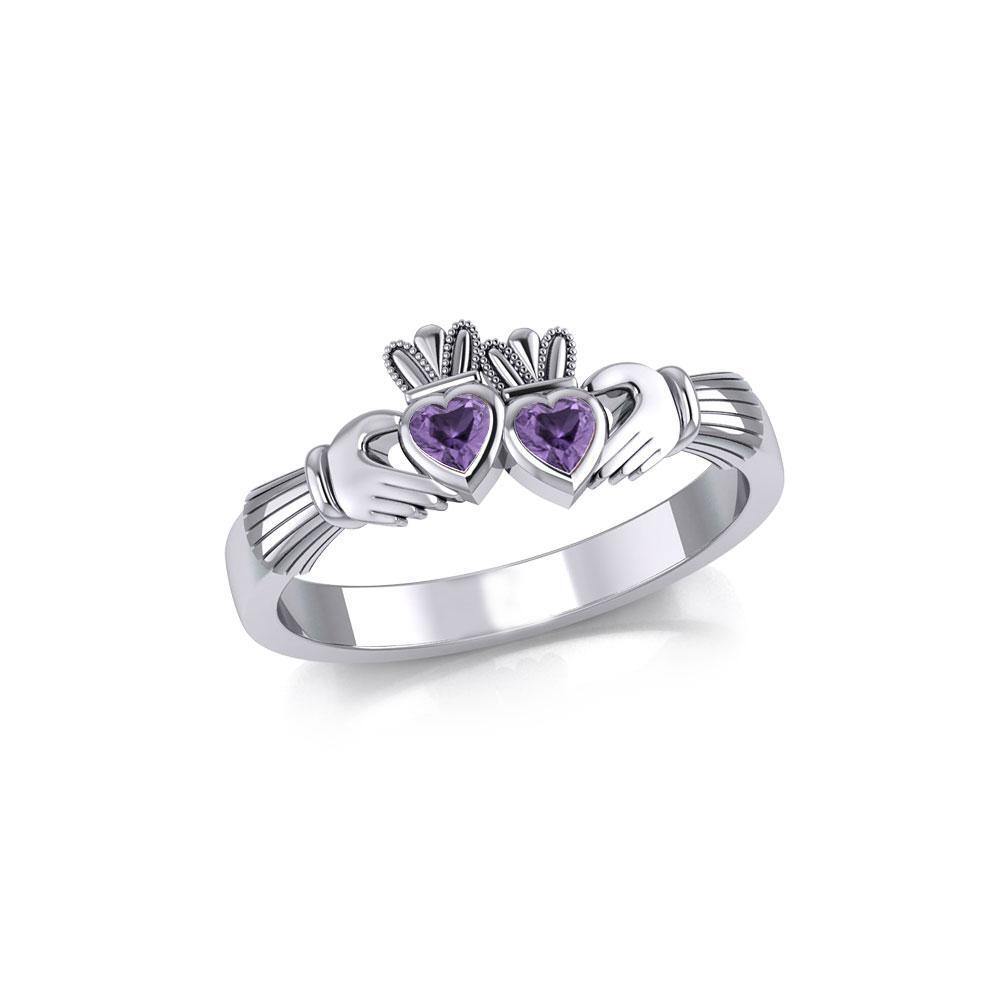 Bague Ancienne Claddagh En Argent Massif 925 – Avec Pierre Verte – Anneau Jonc Style Irlandais – Occasion