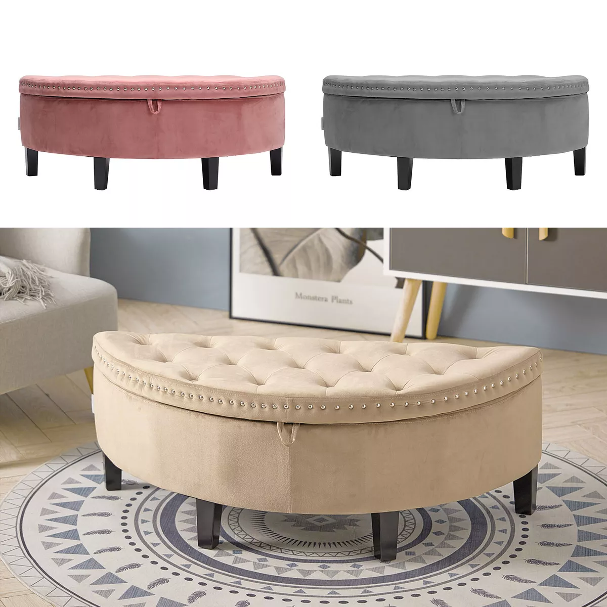 Ottoman Storage Bench Stool Semi Round Velvet Padded Bed End Hallway Blanket Box