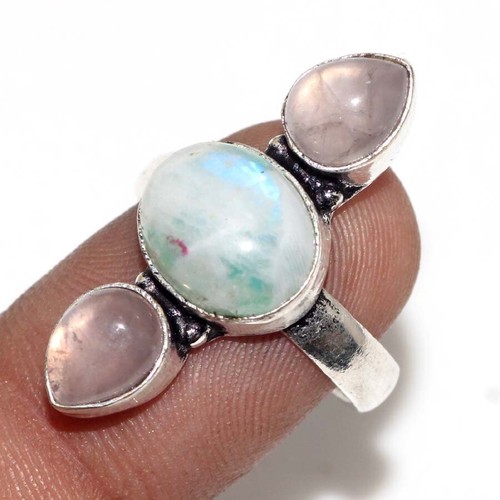 925 Silver PlatedRainbow Moonstone Rose Quartz Ethnic Ring Jewelry US