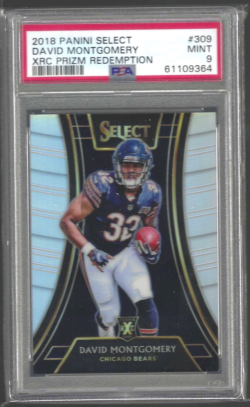 DAVID MONTGOMERY 2018 PANINI SELECT XRC PRIZM REDEMPTION RC 309 PSA 9 MINT POP 8