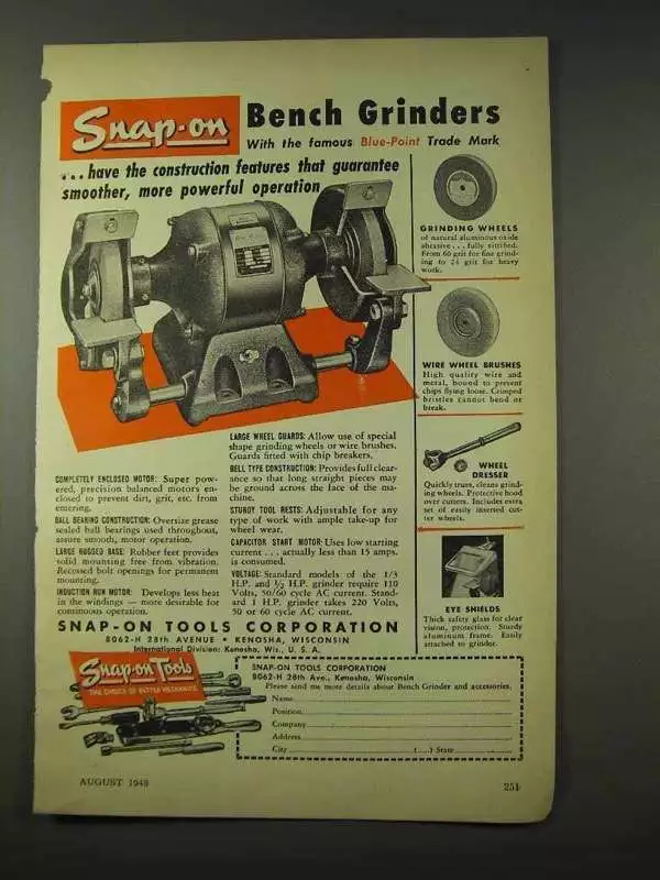 1948 Snap On Bench Grinder Ad Powerful Operation eBay