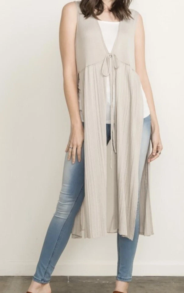 Chaleco Suéter Mystree Tejido Corbata Frontal Para Mujer L Ranura Lateral Gasa Bajo Beige Foto 3 de 4