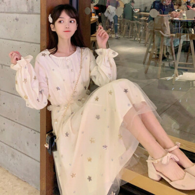 Lady Midi Mesh Dress Sheer Star Glitter Ruffle Long Sleeve Elastic Waist A-line | eBay Lady Midi Mesh Dress Sheer Star Glitter Ruffle Long Sleeve Elastic Waist A-line | eBay