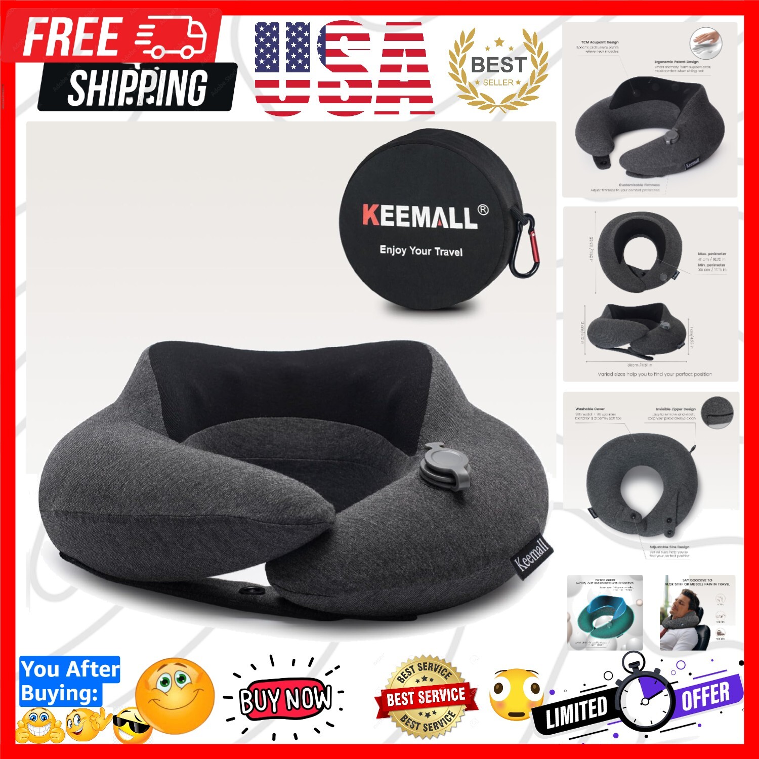 Inflatable Neck Pillow with Acupressure Memory Foam for Travel Support-image