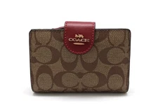 Coach Women Medium Corner Zip Wallet In Signature Canvas in Khaki Cherry