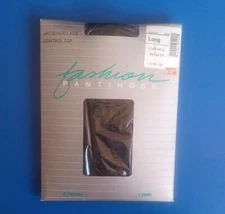 JC Penny Long Jacquard Lace Control Top Black Pantyhose 