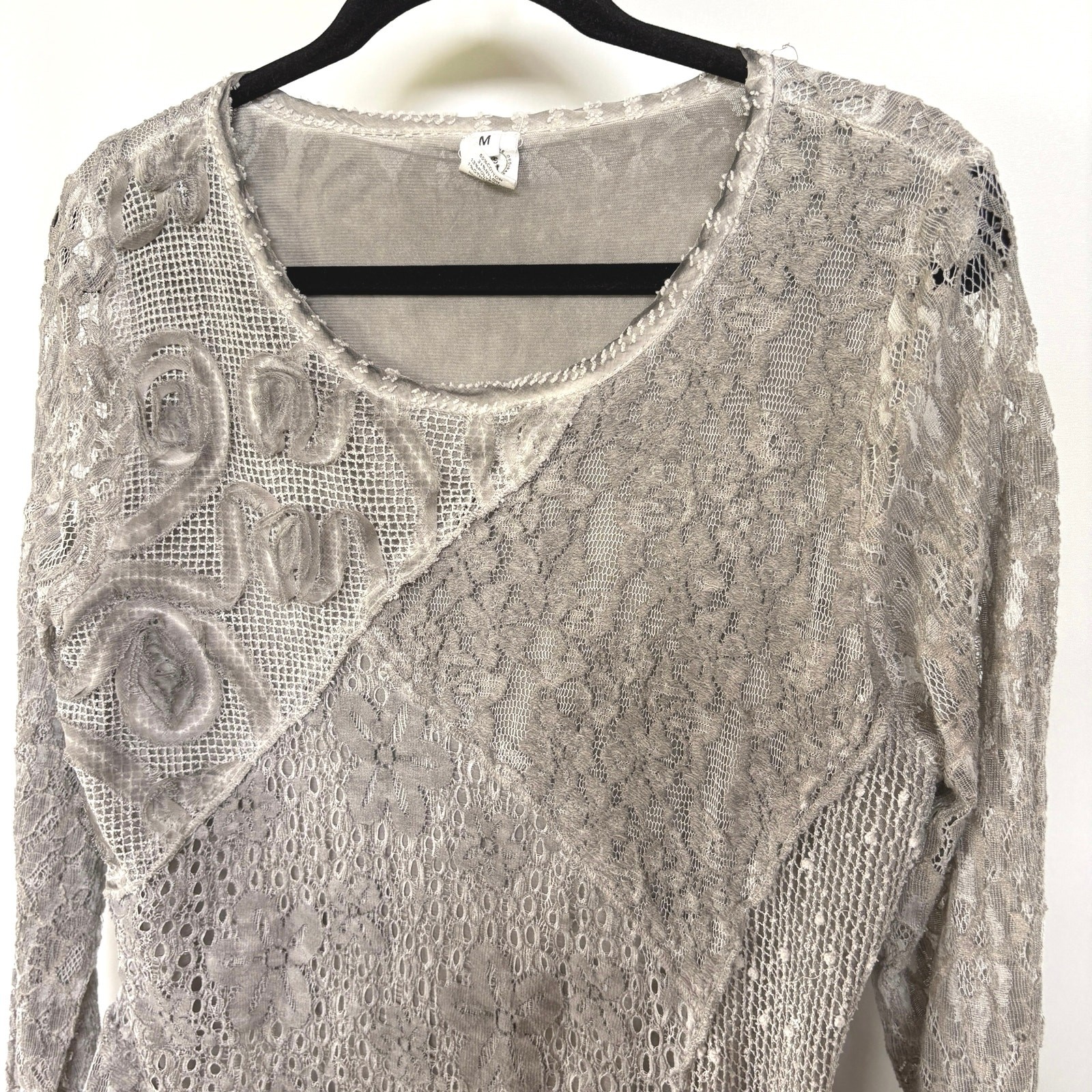 Boho Patchwork Lace Gray Blouse Textured Bohemian… - image 2
