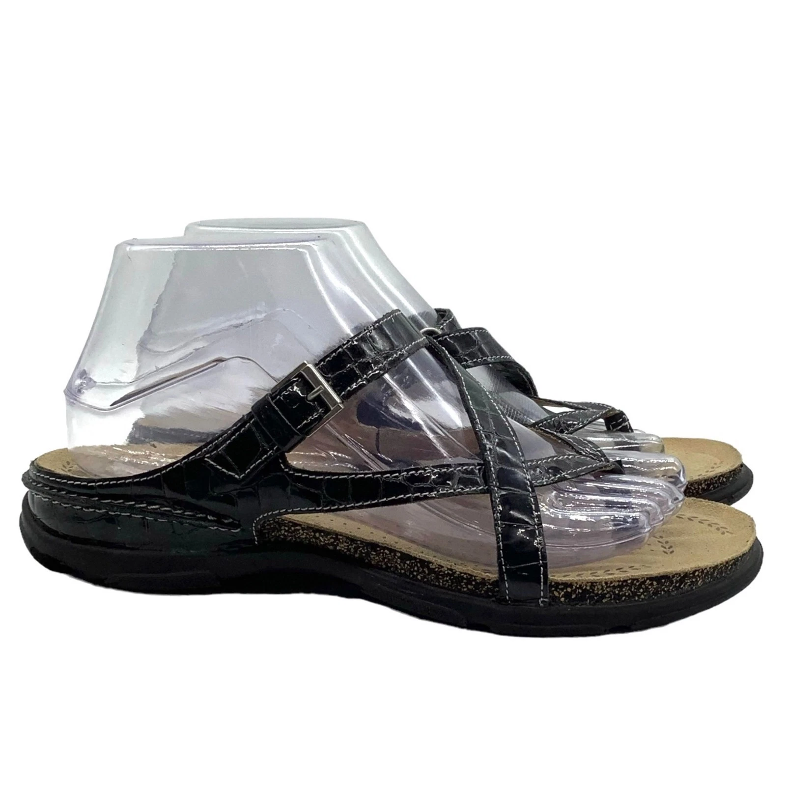 Sandali ECCO donna 38 living tanga slip on slide pelle nero vernice coccodrillo