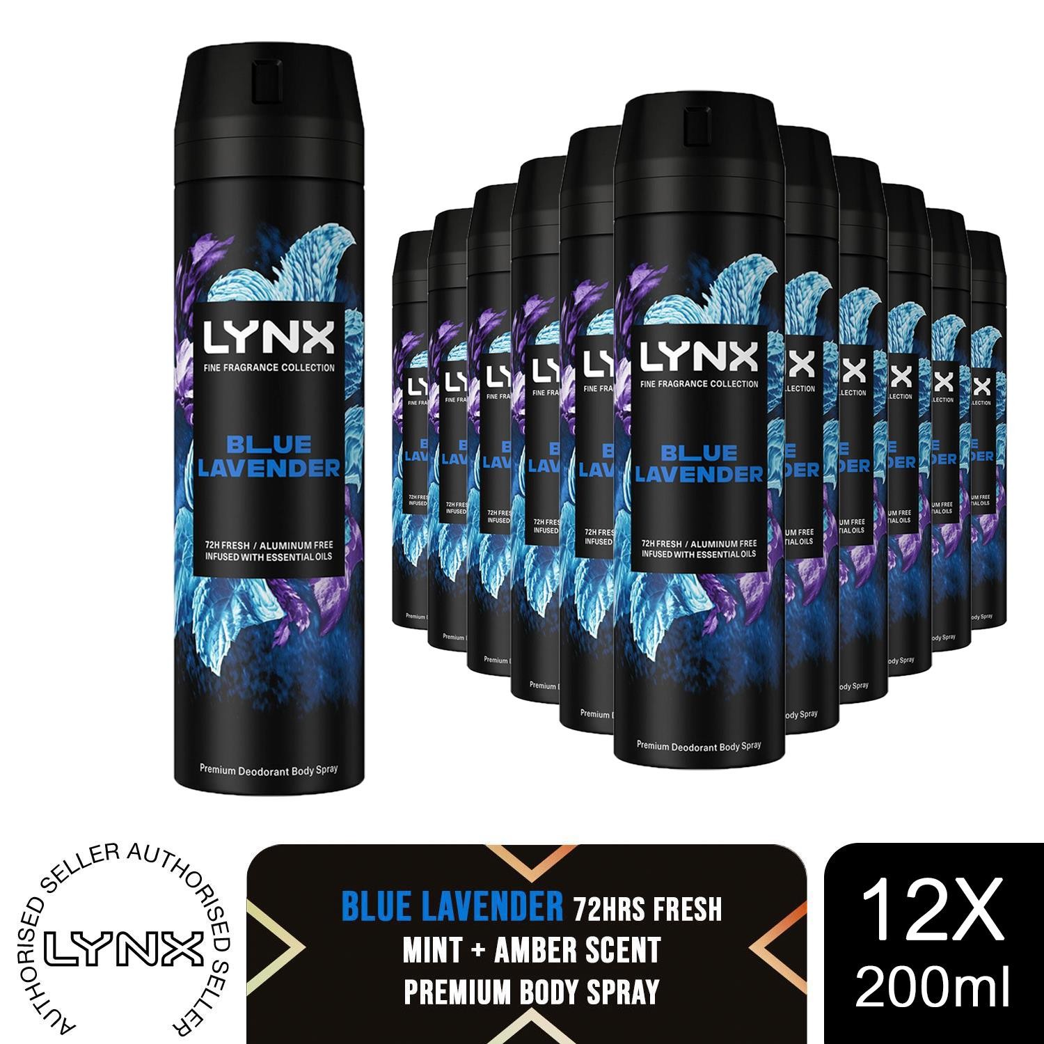 Lynx Fine Fragrance Collection Blue Lavender Body Spray Deodorant 200ml, 12 Pk