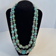 Chunky Blue Green Faux Turquoise With Silver Tone Faceted Bead Necklace