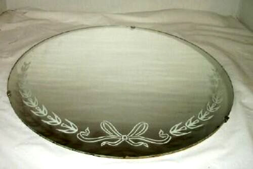 1950s Frameless Round Mirror Floral Bow Etched Cottagecore Hanging Table Display