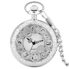 Mens Half Hunter Hollow Wheel Quartz Pocket Watch Pendant Chain Arabic Number