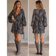 Denim & Supply Ralph Lauren Navy Floral Deep V-neck Cotton Tie Back Dress XL