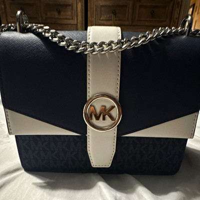 Michael Kors Greenwich Small Flap Crossbody Bag Blue/White Logo Silver Chain