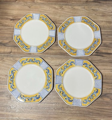 Fitz & Floyd Ricamo Trattotia Dinner Plates 4 NOS Octagon 11  Blue Yellow READ