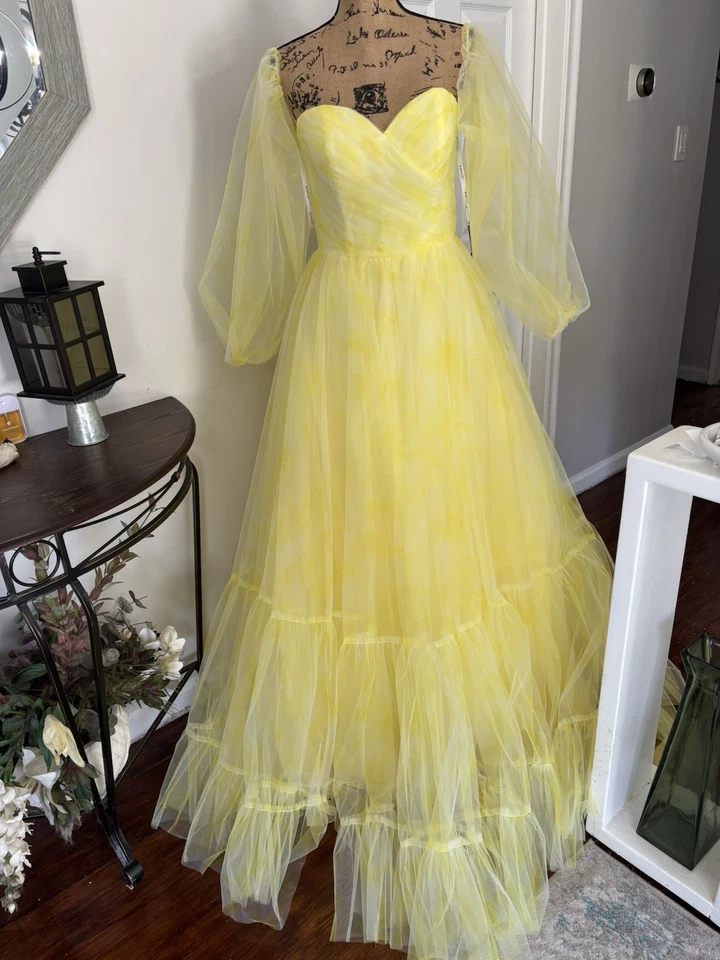 Jovani 38000A Yellow Tulle Ball Gown NWT Size 10 Off Shoulder Puff Sleeve - Image 2 of 4