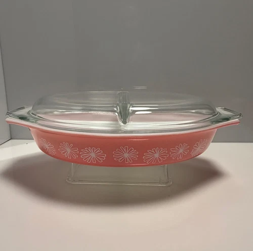 Vintage Pyrex Pink Daisy Oval Divided Casserole Dish With Lid 1.5 Qt - EUC