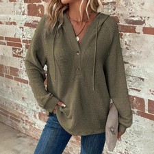 Waffle Hooded Sweater Sweatshirt Fashion Casual Long-sleeved Drawstring V-neck B