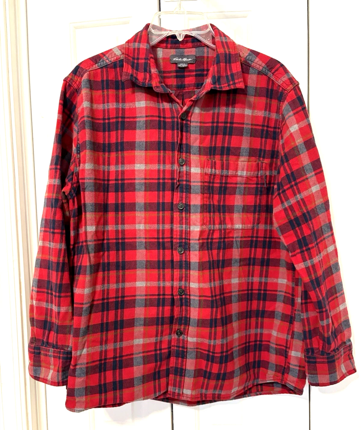Eddie Bauer Men's Flannel Shirt Plaid Red Blue Long Sleeved Large L 90s Grunge
