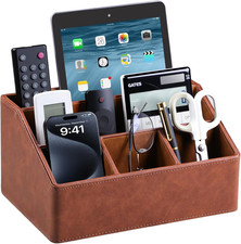 PU Leather Desk Organizer, Remote Control Holder, Brown