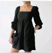 J. Crew Womens Smocked Puff-Sleeve 100% Cotton Dress Black Minimalist Smocked M