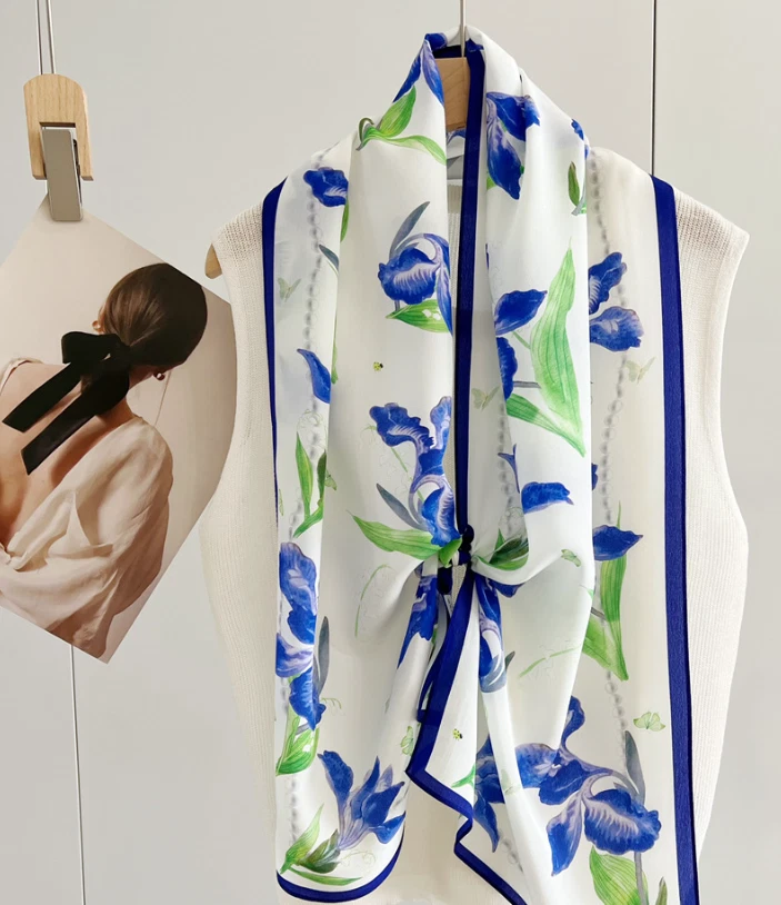100% Silk Mulberry 150X16cm Scarf Women Neckerchief Wrap Blue flower Print new