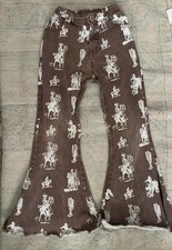 Girls Bell Bottom Jeans Horse Western Rodeo Flare Denim Sz 5 Raw Hem Brown READ