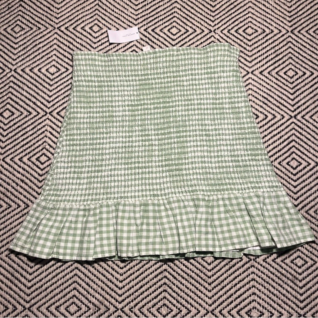 NWT Cotton Linen Blend Green Gingham Smocked Skirt XXL girly spring with ruffle