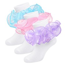 Witwot Girls Ruffle Socks Toddler Double Lace 5-7 Years, Pink-purple-blue