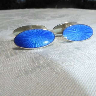 WONDERFUL STERLING SILVER VINTAGE NORWAY BLUE ENAMEL GUILLOCHE CUFFLINKS