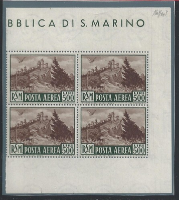 #ad 1951 SAN MARINO View PA 97 Lire 500 bruno MNH** Signature Caffaz QUARTINA $740.35