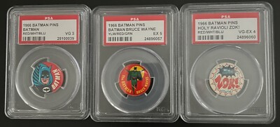1966 Batman Pins  Batman Bruce Wayne / Holy Ravioli Zoki / Batman 3 Pins PSA