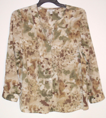 Relativity 1X Cotton Rayon Blend Chamo Peasant Blouse Browns Roll Tab Sleeve