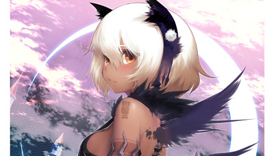 Anime girls wings rogia artwork dark skin white hair Play Gaming Mat Desk