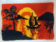Vintage Handmade Latch Hook Sailboat in the Sunset - Rug/ Wall Hanging 33x24 EVC