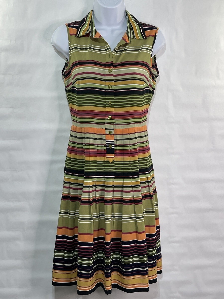 Calvin Klein Women's Sz 2 Multicolor Striped Pleated 1/2 Button A-line Dress  | eBay