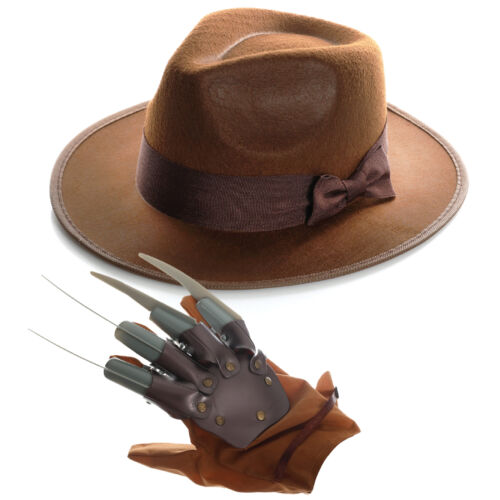HALLOWEEN DREAM KILLER COSTUME BROWN HAT AND HAND CLAW FANCY DRESS ACCESSORIES - Picture 1 of 7