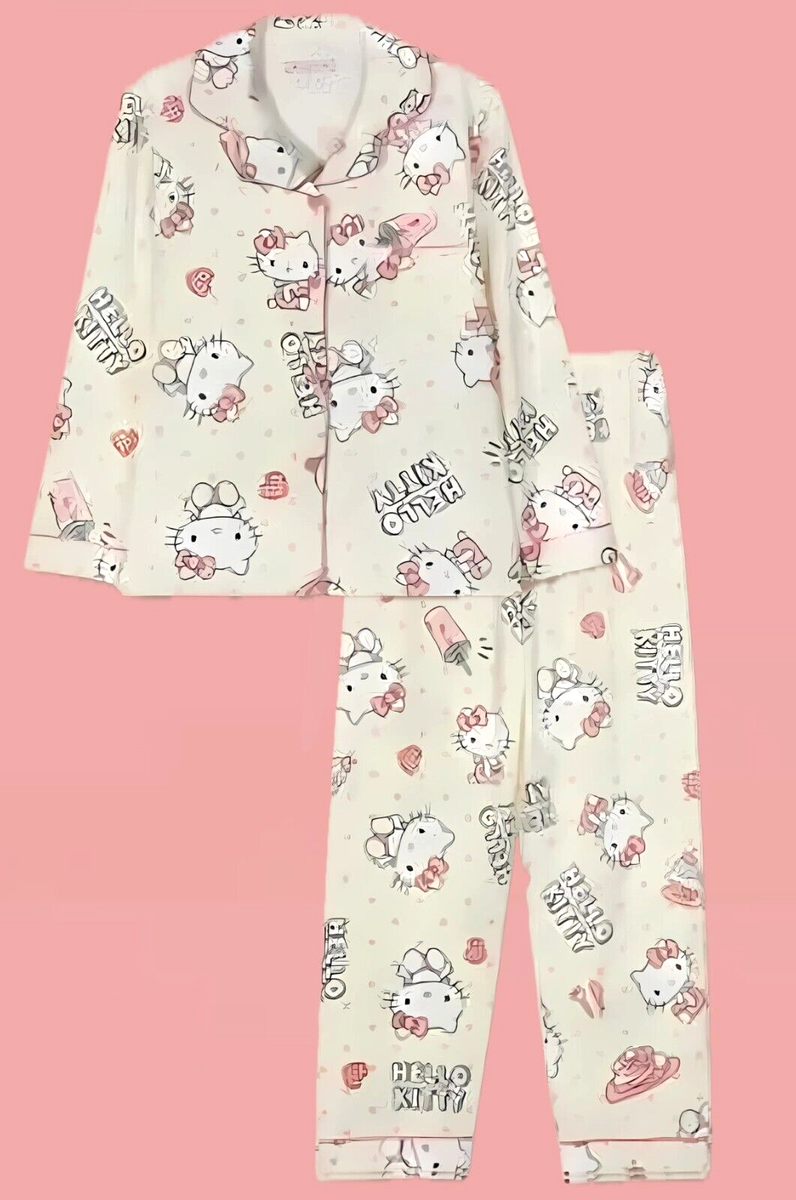 Hello Kitty Ladies Cotton Pajamas Set AOP Long Sleeve Button Down  Loungewear L