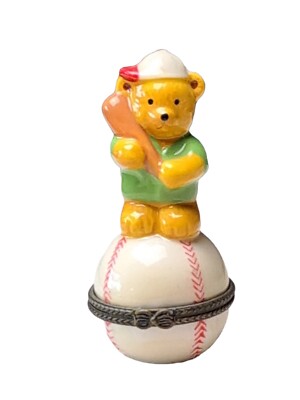 Basball Teddy Hinged Trinket Box Porcelain  Keepsake