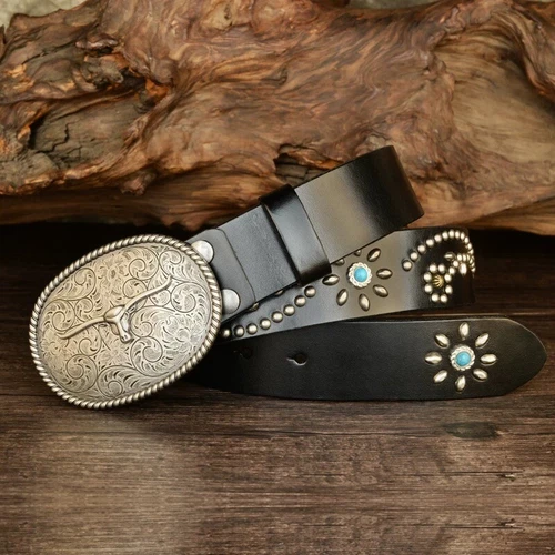 Real Leather Waist Belt Heavy Metal Stone Rivet Studded Unisex Punk Waistband - Picture 22 of 28