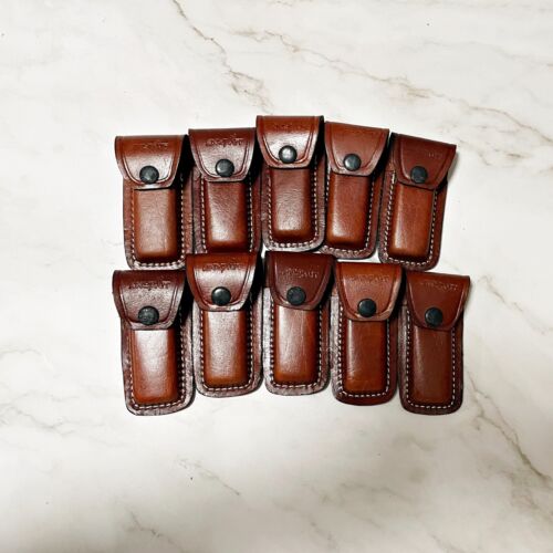 Paquete de 10 - Fundas para navajas de bolsillo de cuero de 4 pulgadas - Fundas verticales hechas a mano, marrón - Imagen 2 de 8