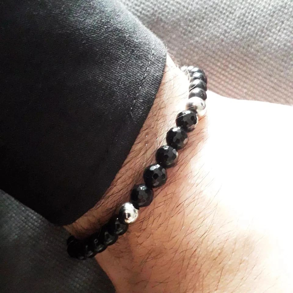 Bracciale Nero Pietre dure Onice e Perle in Acciaio inox braccialetto Uomo Donna - Immagine 3 di 4