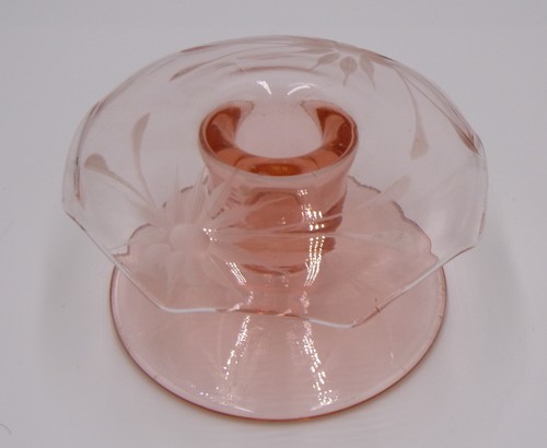 Umbrella Candle Holder Pink Depression Glass etched flower