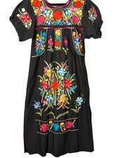 VTG Embroidered Mexican Dress, Cotton Floral Maxi, Fiesta Dress Bust 32-34  XS